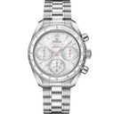 Omega Speedmaster 38mm men’s chronograph with silver bracelet and white tachymeter dial