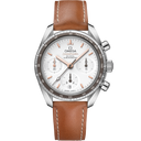 Omega Speedmaster 38mm chronograph watch with brown leather strap, silver dial, on OM Tempus