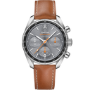 Omega Speedmaster 38mm men's watch with grey dial, brown leather strap, and chronograph features