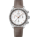 Omega Speedmaster 38mm chronograph men’s watch with silver dial, diamond bezel, and brown leather strap
