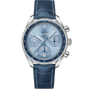 Omega Speedmaster 38mm blue chronograph watch with diamond bezel and blue leather strap