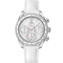 Omega Speedmaster 38 Co‑Axial Chronometer watch with diamond bezel, white dial, and leather strap