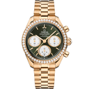 Omega Speedmaster 38mm gold men's chronograph watch with green dial, diamond bezel, and bracelet