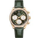 Omega Speedmaster 38mm chronograph rose gold case, green dial, diamond bezel, leather strap