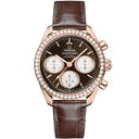 Omega Speedmaster 38mm men's chronograph watch with brown dial, diamond bezel, and leather strap
