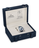 Omega Speedmaster men's chronograph watch with blue accents in a blue luxury box, OM Tempus
