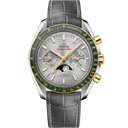 Omega Speedmaster Moonphase men's watch with silver dial, gold accents, and grey leather strap