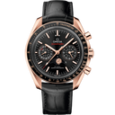 Omega Speedmaster Moonphase men’s watch with black dial, rose gold case, and leather strap