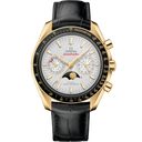 Omega Speedmaster Moonphase Co-Axial gold chronograph watch with moonphase dial, black leather strap