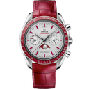 Omega Speedmaster Moonphase men's watch with red leather strap, silver dial, and moonphase display