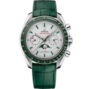 Omega Speedmaster Moonphase men’s watch with green leather strap, silver dial, and chronograph
