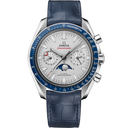 Omega Speedmaster Moonphase men's watch with blue leather strap and silver chronograph dial