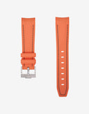 Orange rubber watch strap for Omega x Swatch MoonSwatch with silver buckle, black stitching