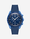 Blue Omega x Swatch Moonswatch Mission to Neptune with textured rubber strap, shown on white background.