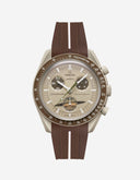 Omega x Swatch MoonSwatch Mission to Saturn with brown rubber strap, beige dial and tachymeter bezel