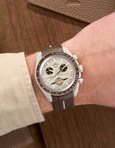 Rubber strap Omega x Swatch MoonSwatch Mission to Saturn watch on wrist, brown dial, OM Tempus